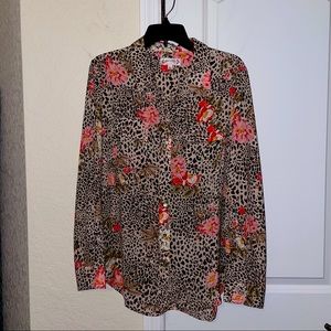 Long sleeve button down cheetah print/floral blouse in large.